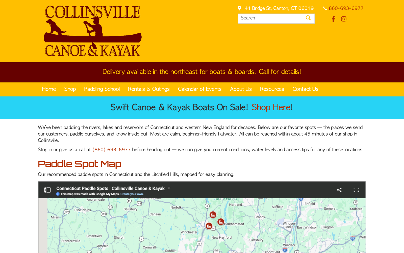 The new Best Places to Kayak in Connecticut page on collinsvillecanoe.com — intro copy and an interactive paddle-spot map of Connecticut.