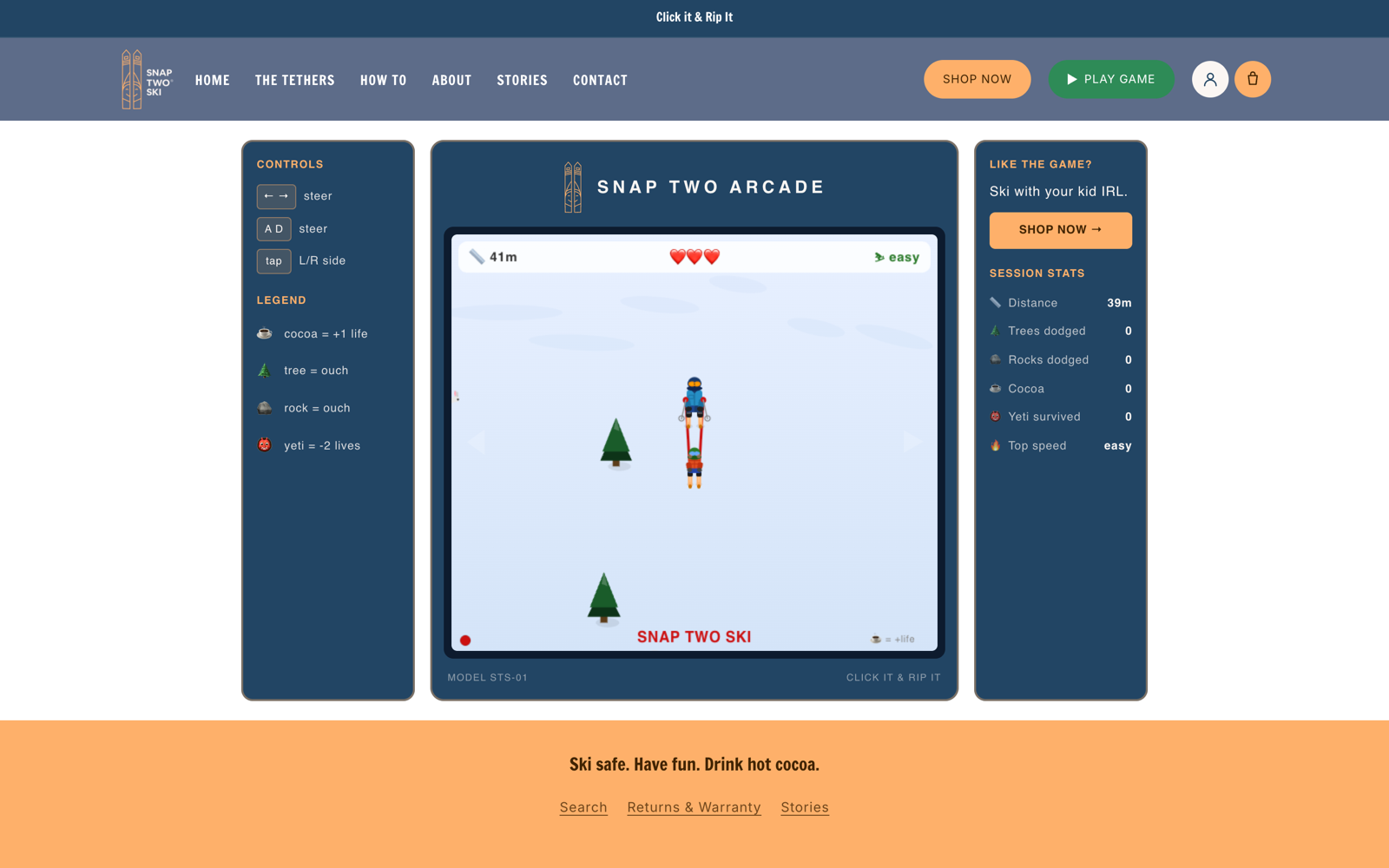 The Snap Two browser game in play — a tethered parent and child skiing down a slope past pine trees, with distance, lives, and live session stats.