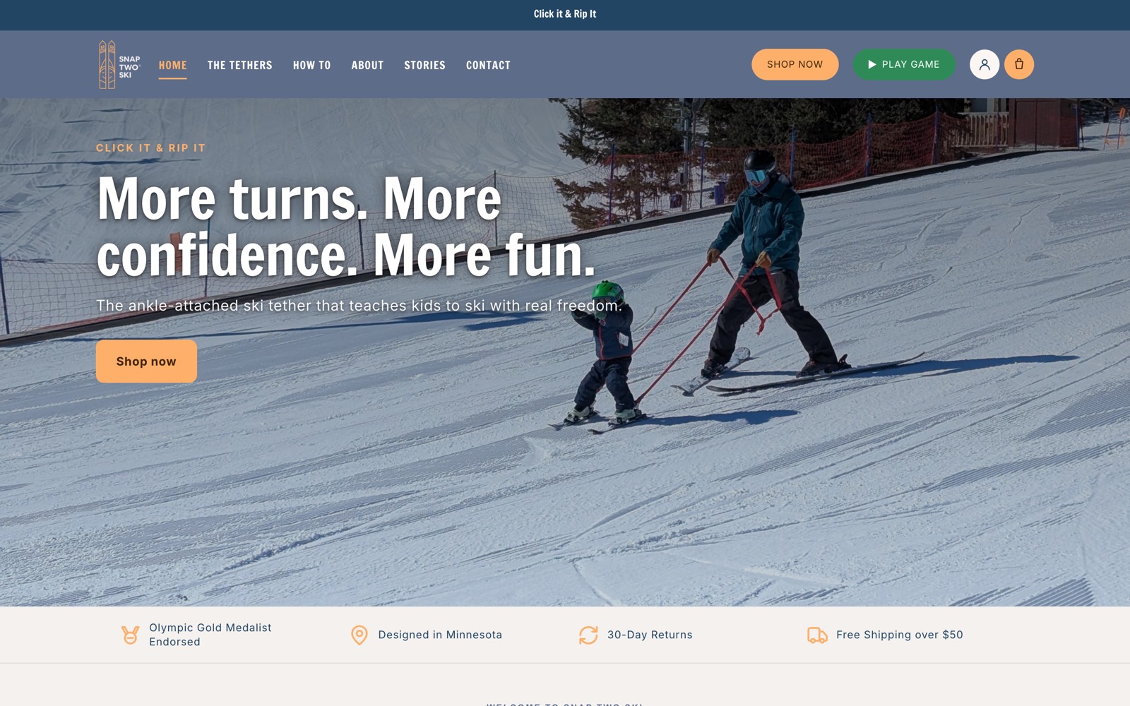 The Snap Two Ski homepage on Shopify — hero reads More turns. More confidence. More fun., above a trust strip and the ankle tether story.